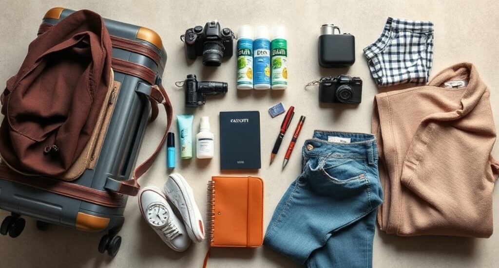 items for travel arranged on a table