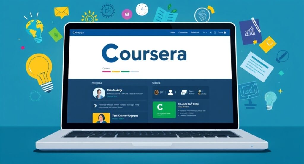 coursera courses platform visible on a laptop