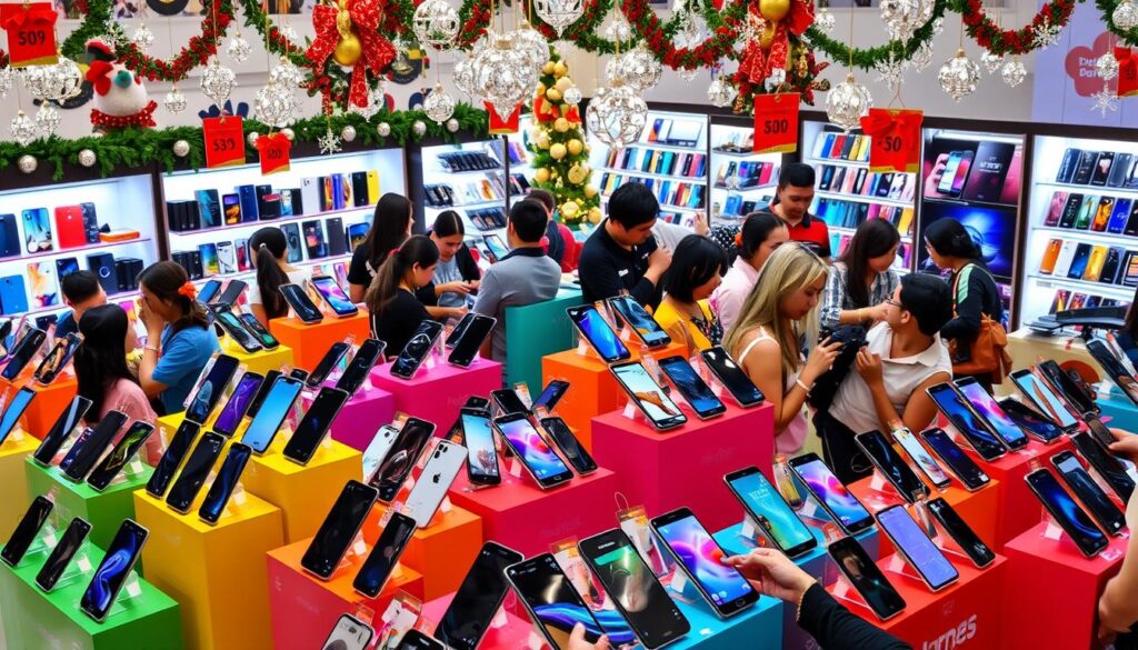 smartphone deals in a shop with many people checking cell phones