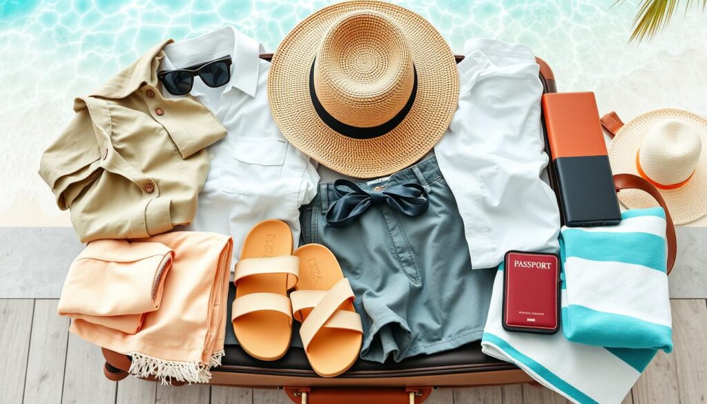 vacation gear and items for travel near a beach