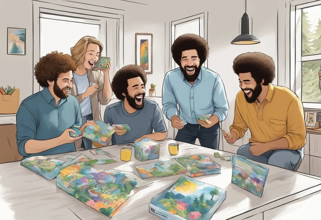 A group of friends laughing while playing the Bob Ross Happy Little Accidents Game at a white elephant gift exchange