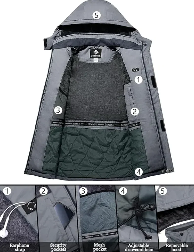 "Detailed view of the GEMYSE ski snow jacket's interior, showcasing its fleece lining, waterproof fabric, and sealed zippers for ultimate protection