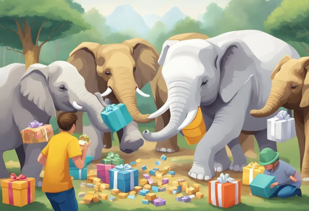 A group of animals playing a hilarious game, surrounded by comical white elephant gifts