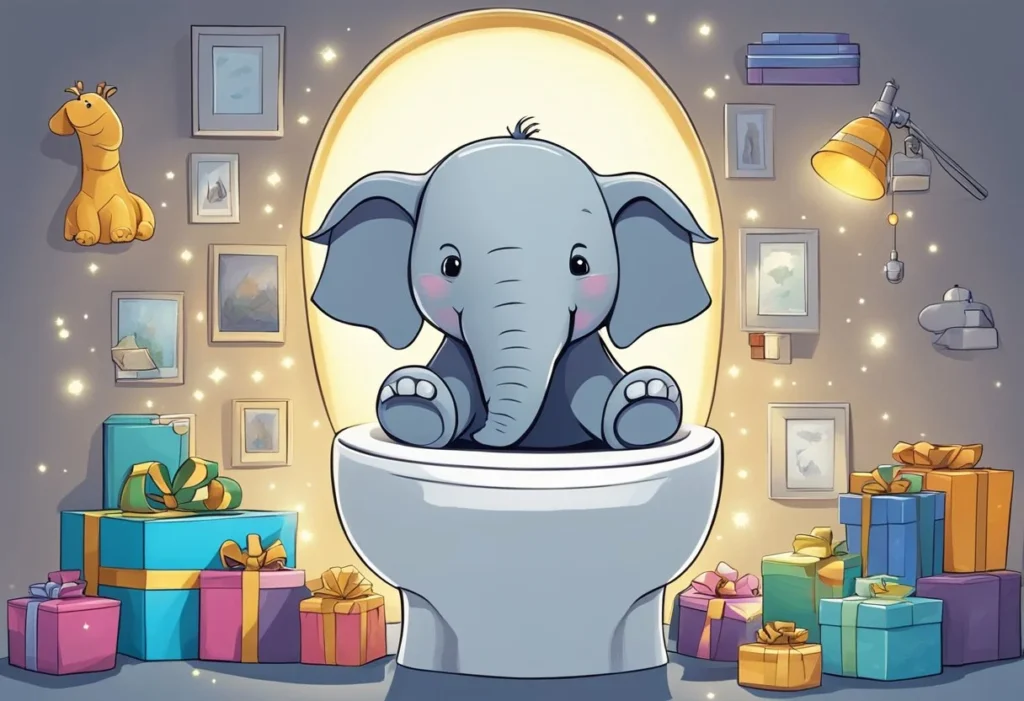 A toilet with a night light in the shape of a white elephant, surrounded by 7 funny gifts