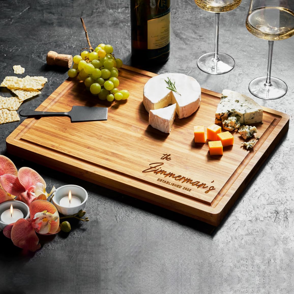 Custom cutting boards made from high-quality bamboo, featuring sleek, smooth surfaces ideal for chopping and serving