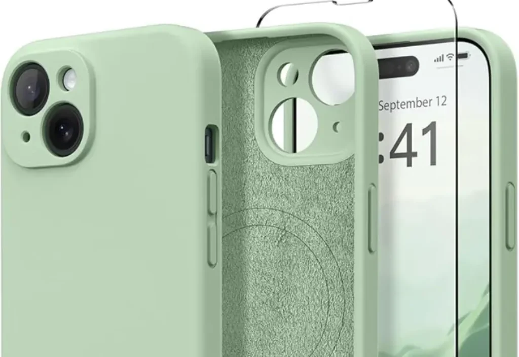 Stylish and protective magnetic iPhone 13 case in stone color, featuring full camera protection and shockproof silicone, a practical gift for tech-savvy moms