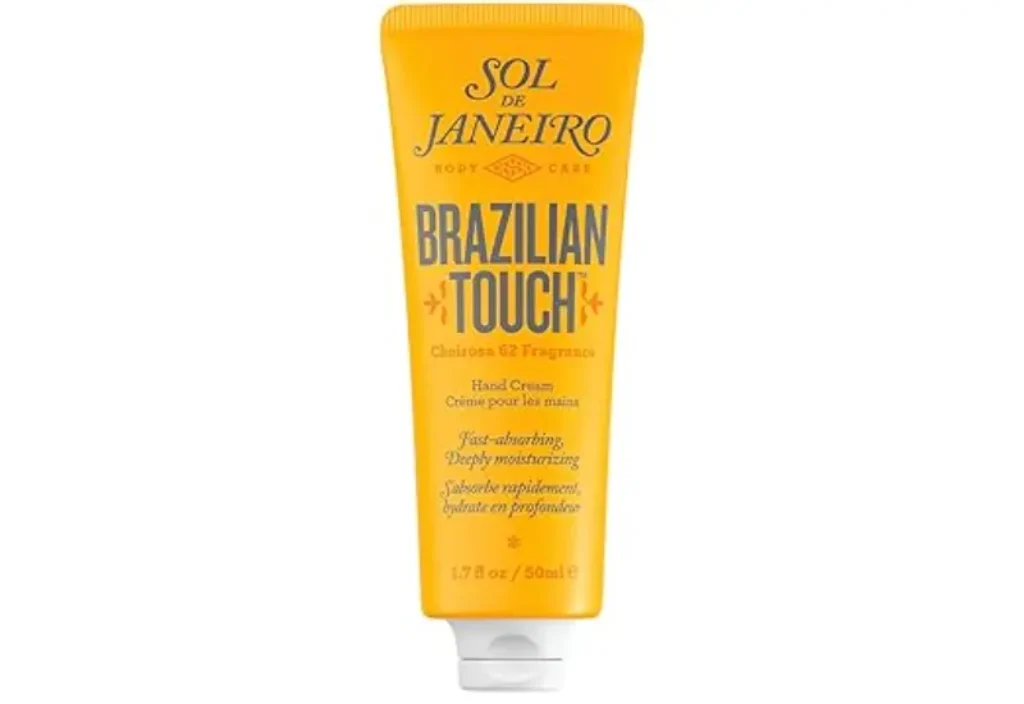 Tube of Sol de Janeiro Brazilian Touch Hand Cream placed on a clean surface, offering deep hydration and a luxurious scent, perfect for pampering moms