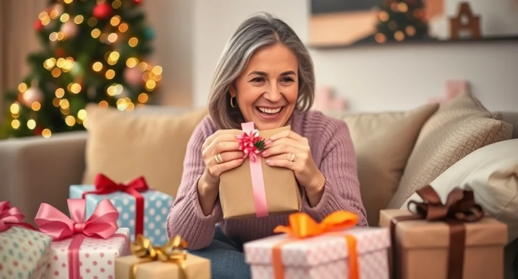 A joyful mom unwrapping a thoughtful gift surrounded by wrapped presents in a cozy living room, capturing the love and warmth of the 7 best gifts to get your mom for any occasion