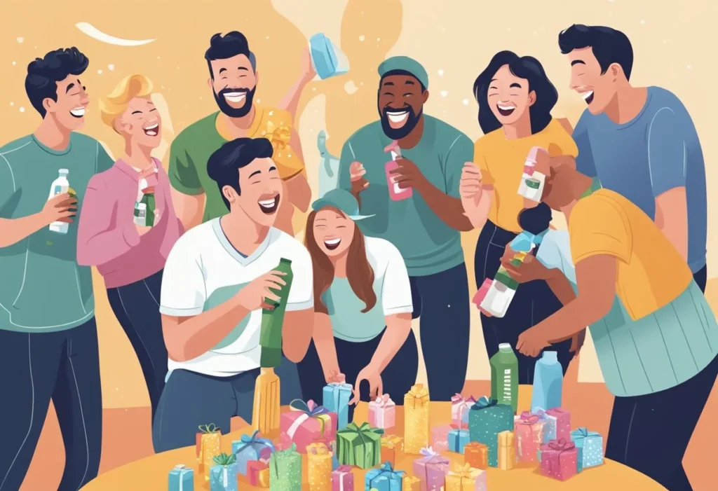 A group of people laughing as they unwrap white elephant gifts, one of which is a bottle of Liquid Ass Spray